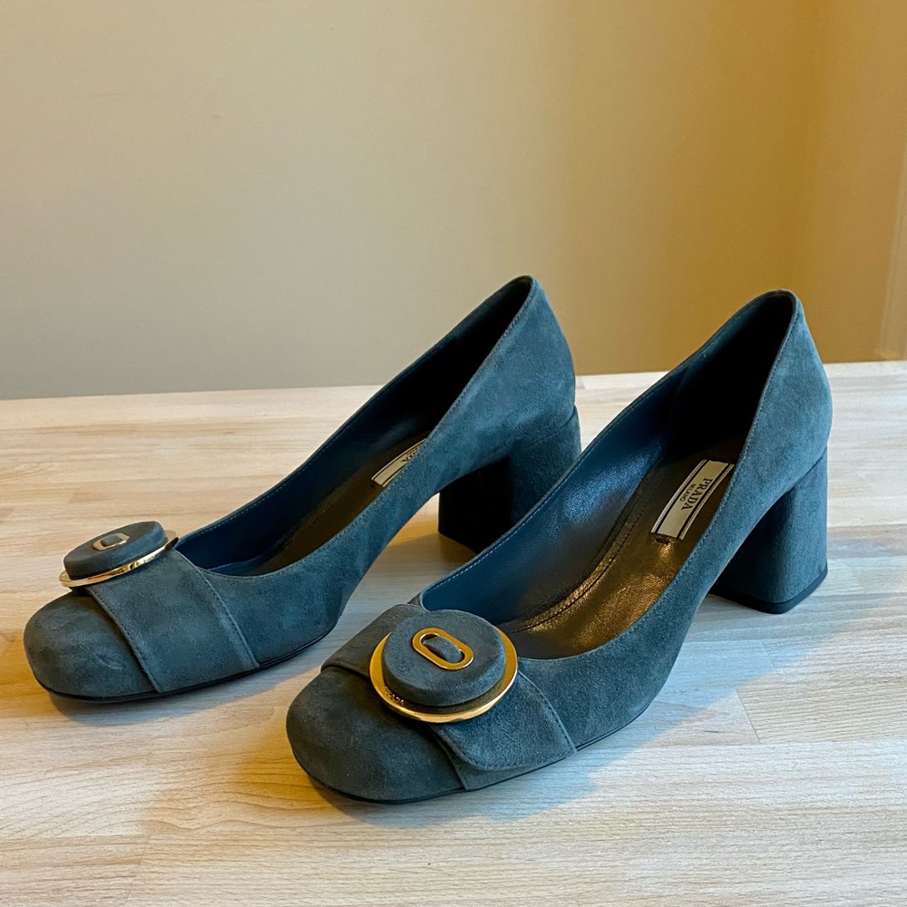 Prada Suede Button Block Heel Pumps Grey Blue